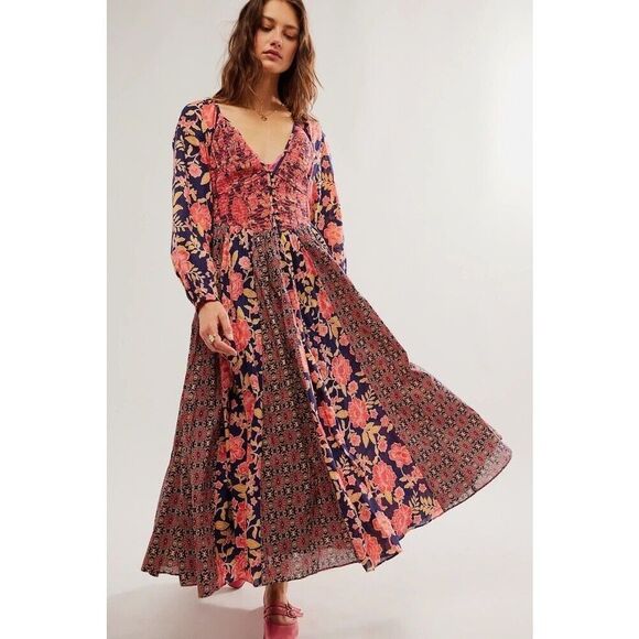 New Free People A New Way Maxi Dress in Navy Combo Size Medium - Picture 1 of 9